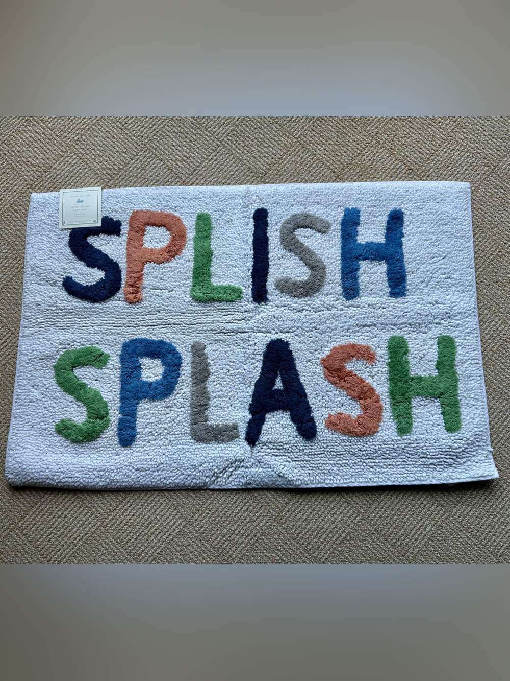 Pottery Barn Kids White Bath Mat with Multicolor 'SPLISH SPLASH' Lettering